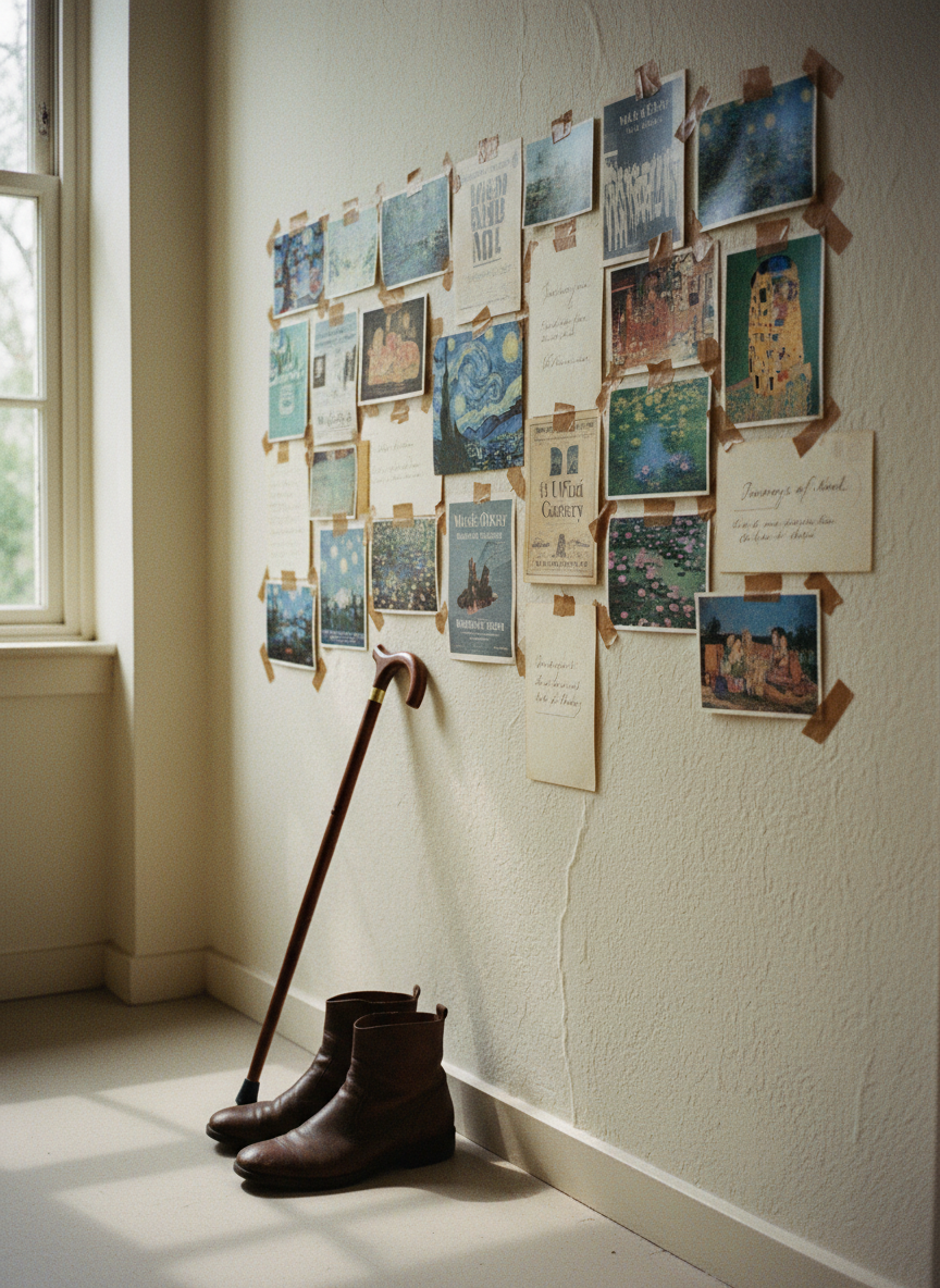 A narrow hallway wall becomes an improvised gallery, lined with carefully taped postcards of famous paintings, small printed exhibition posters, and a few handwritten notes on cream stationery. Below, a sturdy cane leans against the wall next to a pair of elegant but well-worn leather ankle boots. Overcast window light from an adjacent room washes across the scene, creating gentle, elongated shadows and emphasizing the textures of paper, leather, and painted plaster in an analog-film grain. Shot at a slightly low angle, the composition leads the eye along the wall, suggesting journeys taken in imagination when the body cannot move far, with a mood that feels bittersweet yet dignified.