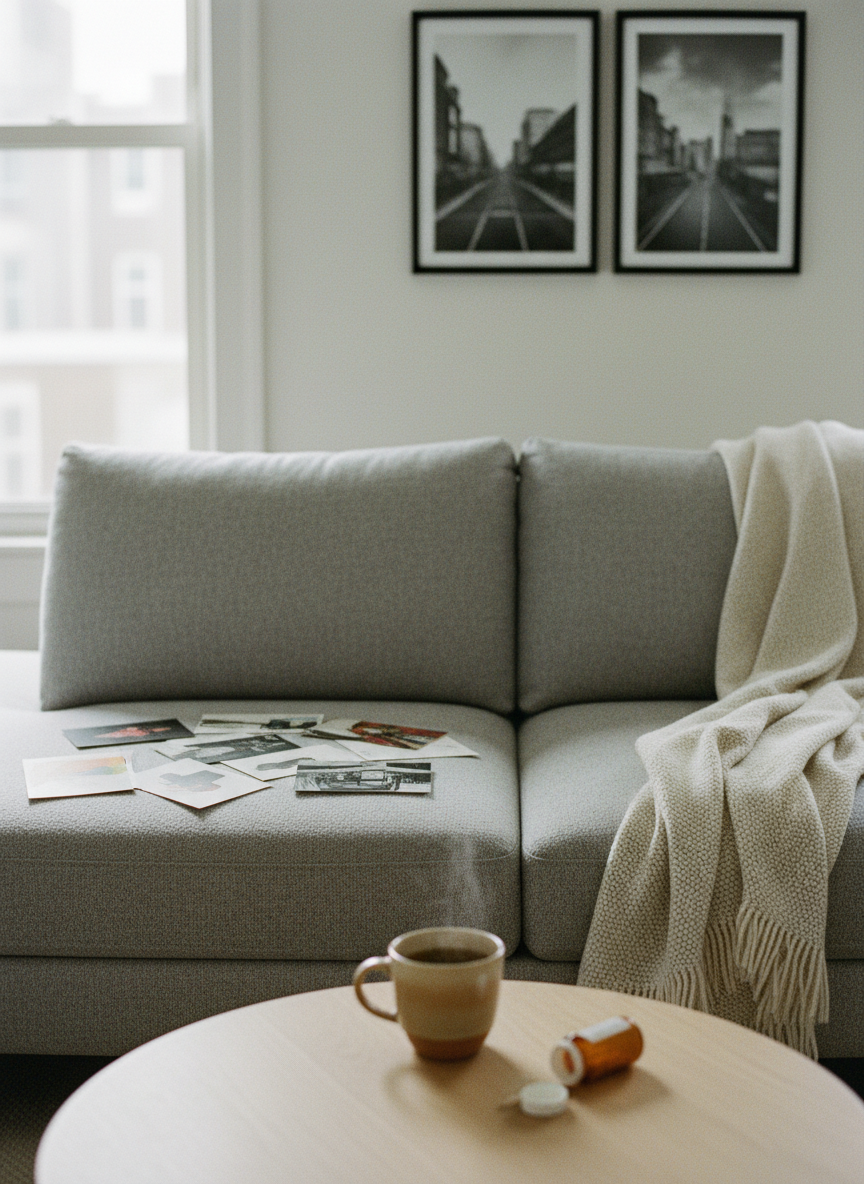 A minimalist living room scene centers on a low, dove-gray sofa with a wool blanket casually draped over one end and a neatly arranged cluster of art exhibition postcards spread across the seat. On the coffee table in front, a ceramic mug of herbal tea sits beside a closed bottle of prescription medication. Late-morning diffused light enters from the left, illuminating the subtle textures of fabric and paper, while the analog-film look introduces soft grain and slightly desaturated tones. Framed art photographs hang slightly off-center on the wall in the softly blurred background. Composed at eye level with a calm, balanced framing, the mood is introspective, sophisticated, and quietly resilient.