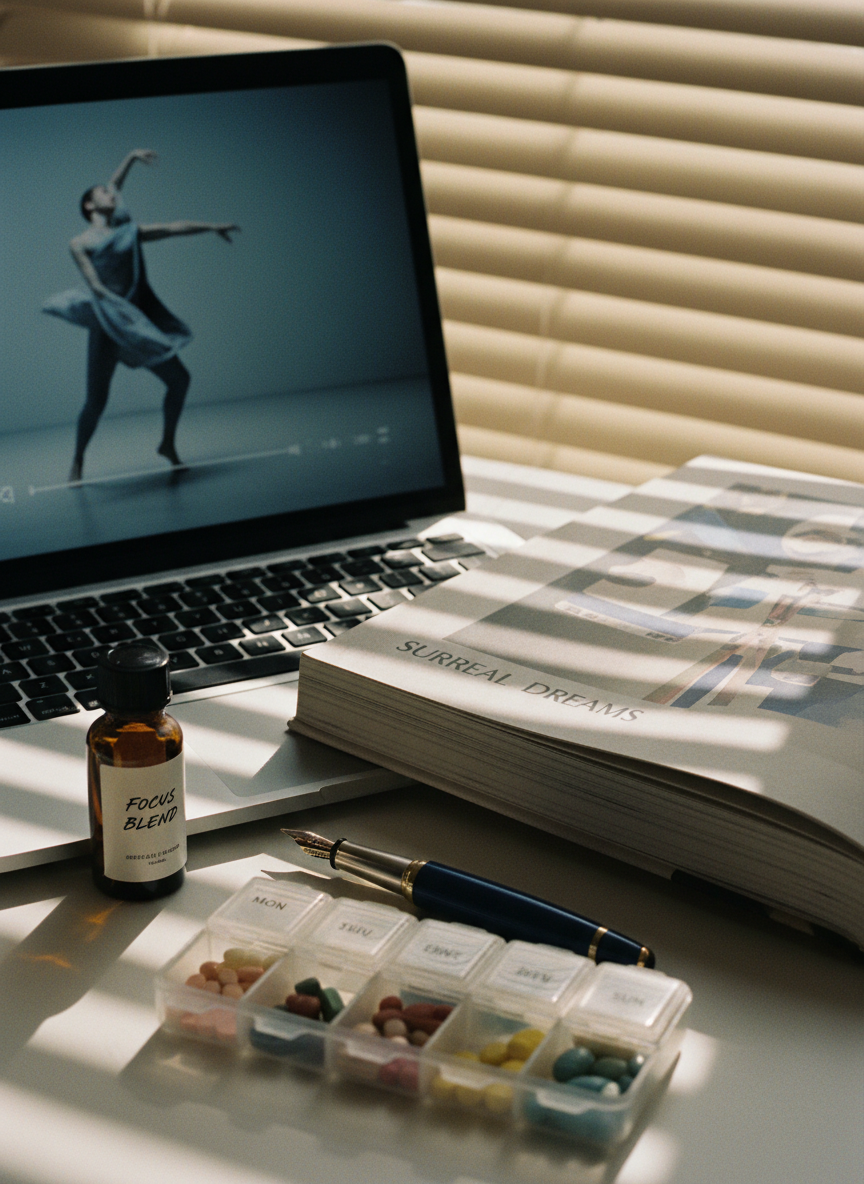 A close-up of a cluttered but curated writing desk: a slim laptop showing a paused video of a contemporary dance performance, surrounded by a fountain pen, a small amber bottle of essential oil, and a tidy pill organizer with compartments neatly labeled. An oversized art book about surrealism is half-open, its vivid imagery softened by the analog-film treatment. Afternoon light falls from the right through blinds, creating rhythmic stripes of light and shadow across the keyboard and objects. Photographed from a high three-quarter angle with shallow depth of field, the focus rests on the intersection of technology, medicine, and art, evoking a thoughtful, quietly determined atmosphere.