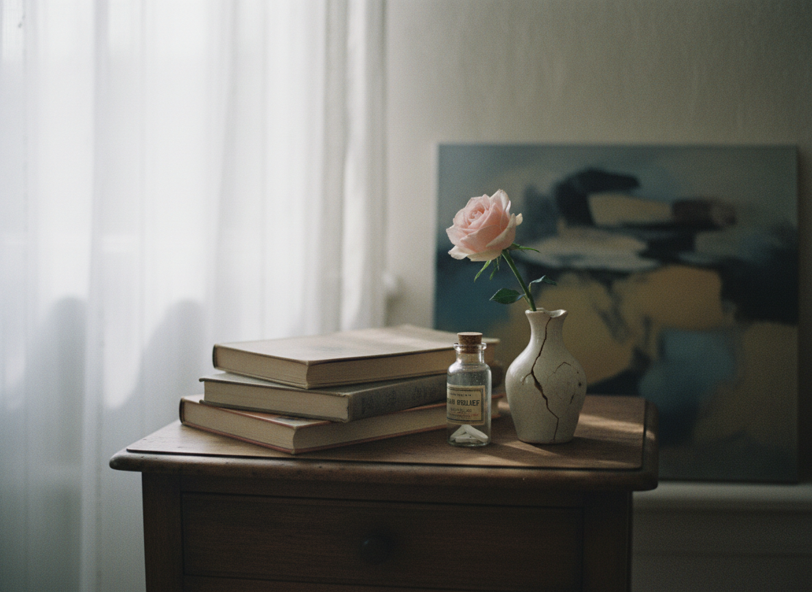 A small vintage bedside table holds a stack of well-thumbed art books, a glass bottle of pain medicine, and a single pale rose in a chipped ceramic bud vase. The wood is dark and slightly worn, its grain softly visible in the analog-film texture. Behind it, sheer white curtains filter overcast afternoon light, casting gentle, mottled shadows across the tabletop. In the distant blur, an abstract painting leans against the wall, its colors muted by shallow depth of field. Shot at eye level with a quiet, centered composition, the atmosphere feels contemplative and honest, balancing fragility and elegance in a subdued, photographic realism.