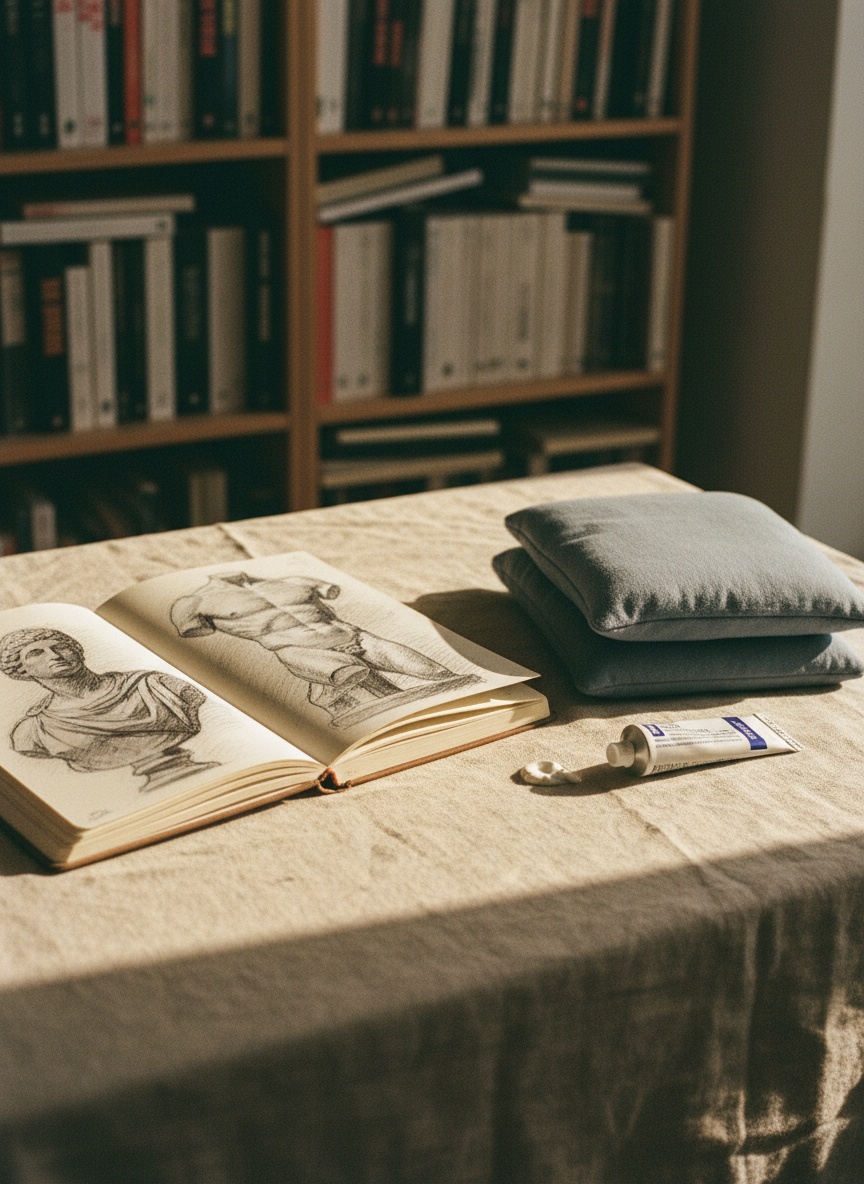 An open sketchbook lies on a linen-covered dining table, its pages filled with loose, expressive charcoal drawings of museum sculptures. A neatly folded heating pad rests nearby, its fabric slightly rumpled, along with a small, half-used tube of analgesic cream. Soft golden hour light spills through an unseen window, grazing the page edges and catching faint pencil smudges, while the analog-film aesthetic adds gentle grain and nostalgic warmth. Captured from a slightly elevated angle with the sketchbook on the rule of thirds, the background dissolves into creamy bokeh of shelves filled with art monographs, evoking a mood of determined creativity on a difficult day.